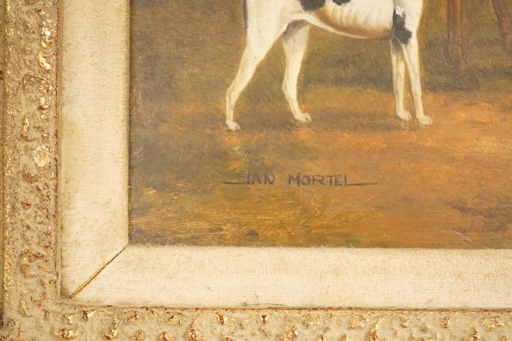 Jan Mortel (20th/21st. C), Study of a huntsman on horseback with hounds, signed, oil on board, 39 x 49cm, ornate frame